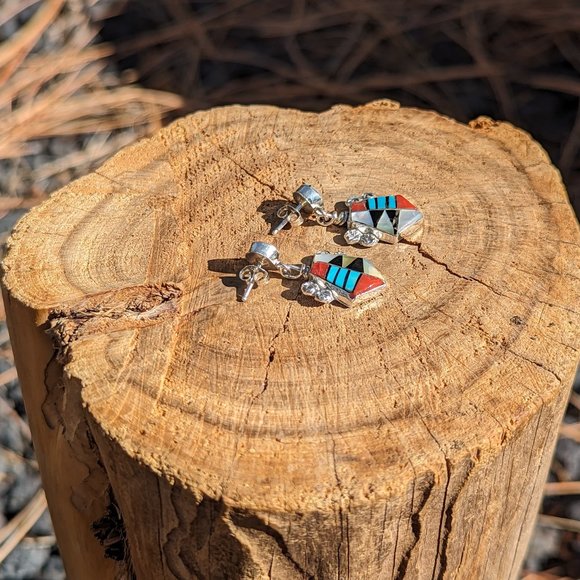 Zuni Earring Multi Stones Sterling Silver Inlay‎ Native American Jewelry *** - Picture 5 of 8